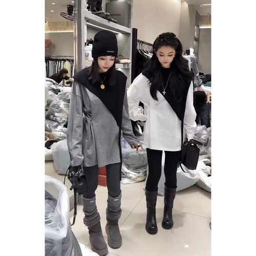 欧货时尚气质设计感收腰纽扣中长款圆领T恤配斜肩针织披肩两件套