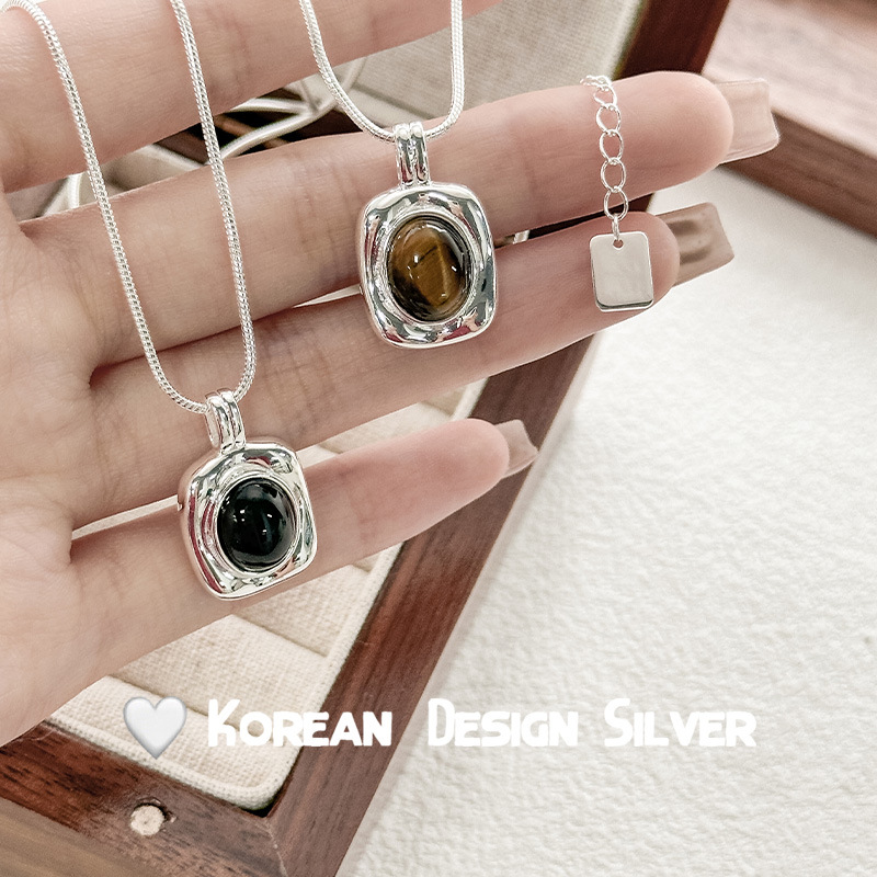 S925纯银方牌凸面黑玛瑙