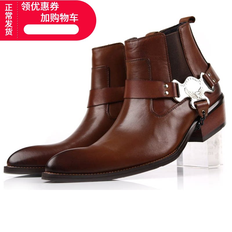 英伦尖头真皮潮流西部牛仔短靴男 全牛皮复古休闲短筒哈雷靴子