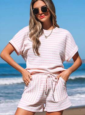 Women's Stripe Knitted Short Sve Top and Drawstring Shorts