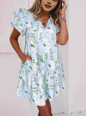 Women's Floral Contrast Edge Layered Short Sve Mini Dress