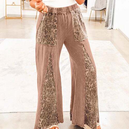 Mineral Wash Leopard Patchwork Wide Leg Pants for Ladies