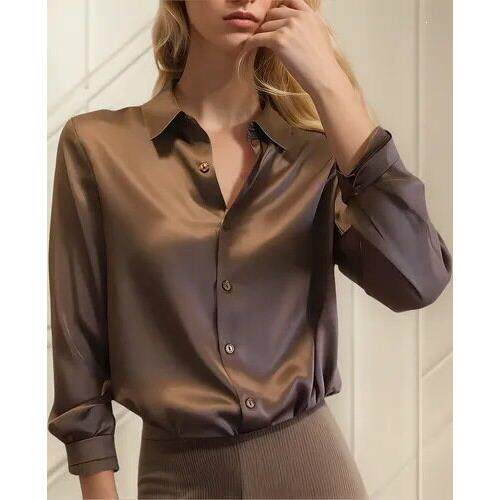 W 73760 Women Long Sleeve Shirt Satin Lapel缎面衬衫