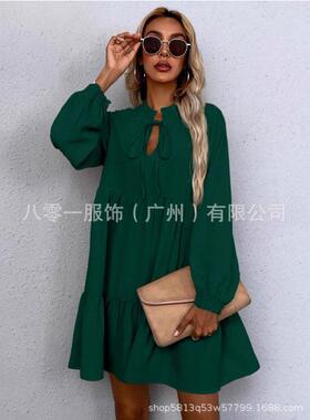 Women's Tie Split Neck Smocked Detail Long Lantern Sve