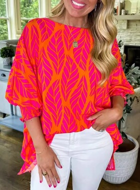 Size】 All Over Leaf Print Shirred Blouse Casual 3/4 Sleeve