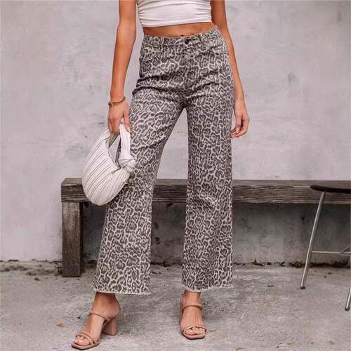 Women's Leopard Print Frayed Edge Wide Leg High Waist Jeans