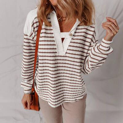Women's Striped Hooded V Neck Casual Long Sve Tops - Comfy &