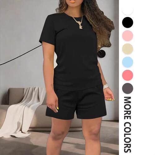 Two-piece Women's Fitted Plain Round Neck Tee & Skinny