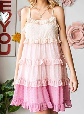 Women's Ombre Swiss Dot Ruffled Tiered Sveless Mini Dress