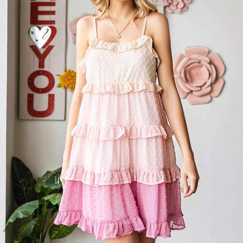 Women's Ombre Swiss Dot Ruffled Tiered Sveless Mini Dress