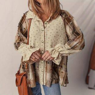 Women's Boho Floral Plaid Patchwork Distressed Ruffled Sve