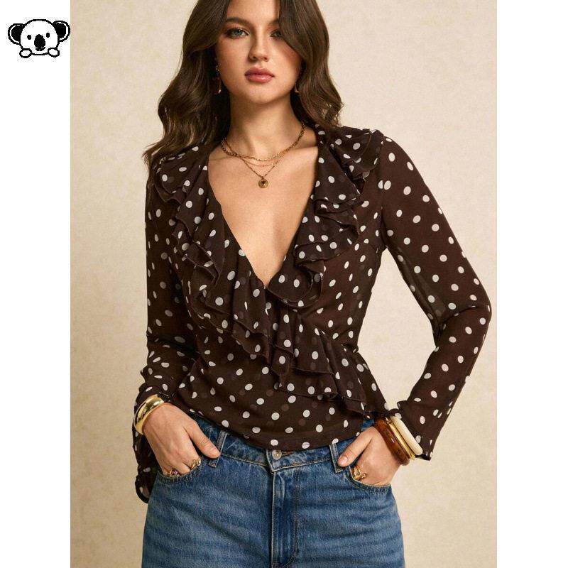 I 51654 Women Deep-V Blouse Vintage Long-Sleeve复古衬衫