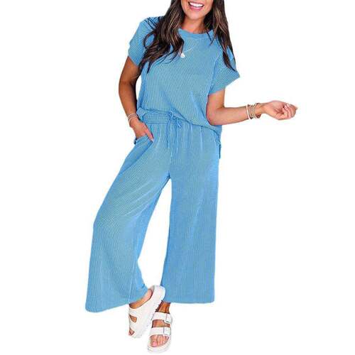 Women‘s Solid Casual Summer Casual Ribbed Pajama Sets Corde