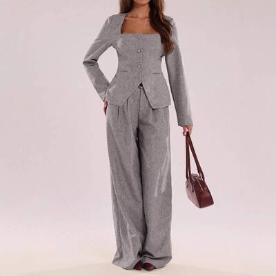 Unique Square Neck Single Button Blazer Set, Long Sve,