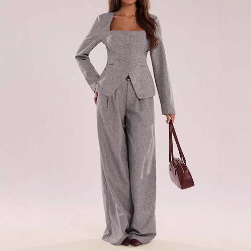 Unique Square Neck Single Button Blazer Set, Long Sve,