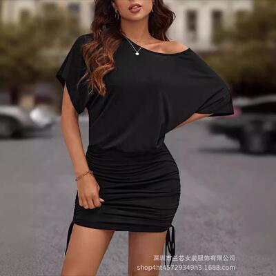 Batwing Sleeve Ruched Bodycon Mini Short Dress New European