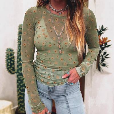 Women's Vintage Floral Print Southern Style Mesh Long-Sve