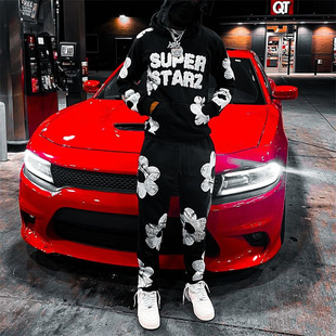 Street Style Hoodie Set Cross Print Colorblock Pants