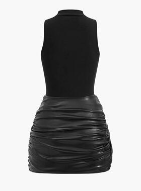 Women's Sveless Mini Dress with Front Tie PU Decoration,