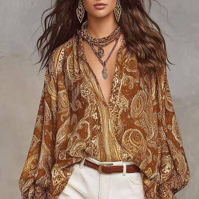 Women's V-Neck Paisley Printed Blouse Breathable Summer