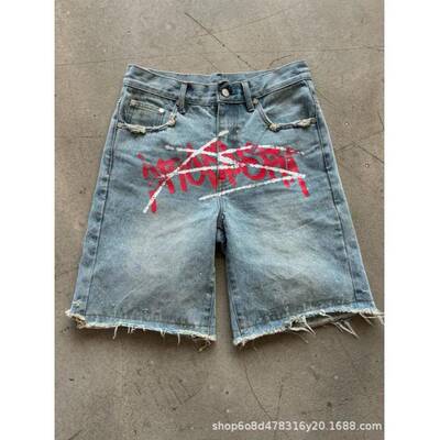 Hip hop baggy jean men's lettered color printed denim ripped