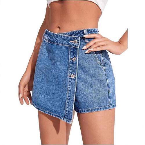 Women's High Waisted Button Front Denim Skort Asymmetrical