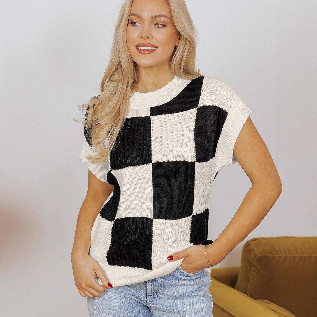 Checkered Color Block Crew Neck Short Sve Sweater - 实物图