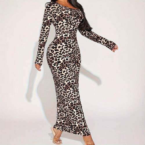 Fashion Leopard Print Slim Fit Dress Long Sleeve Elastic