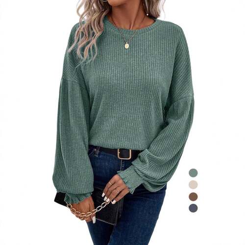 Loose Fit Drop Shoulder Bubble Sleeve Casual Round Neck Top