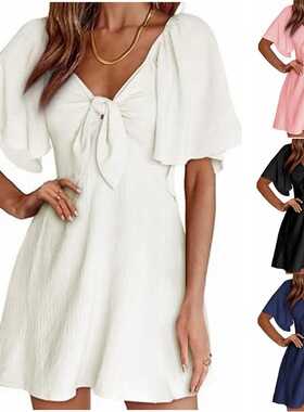 Women's Plain Bubble Sleeve Deep V Neck Romper  Casual