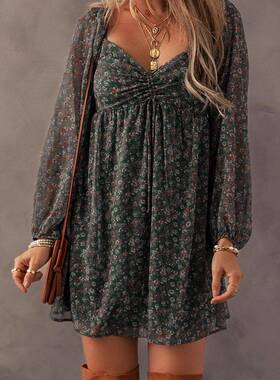 Women's Fashion Trend Floral Print Sweetheart Neck Shirred