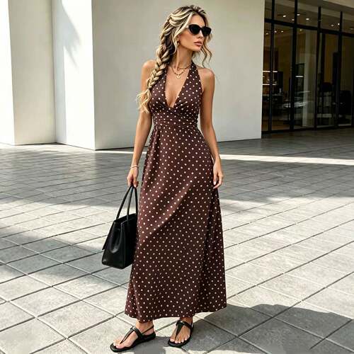 French Polka Dot Halter Dress for Women Summer Backless