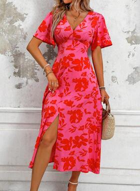 Women's Leaf Print V Neck Dress, Elegant Boho Fashion Casual
