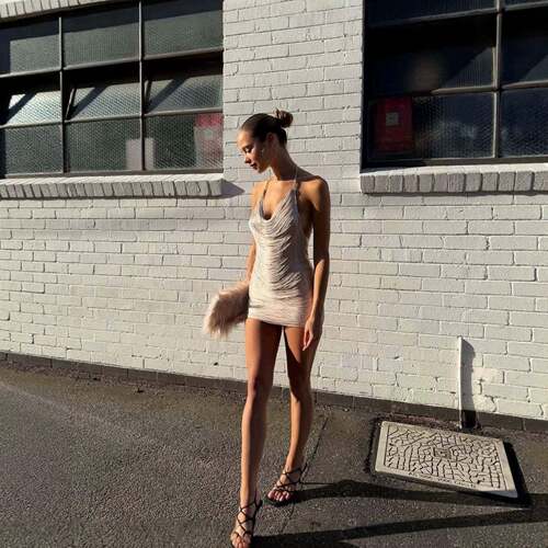 Women Sequin Fringe Flapper Dress Sexy V Neck Spaghetti