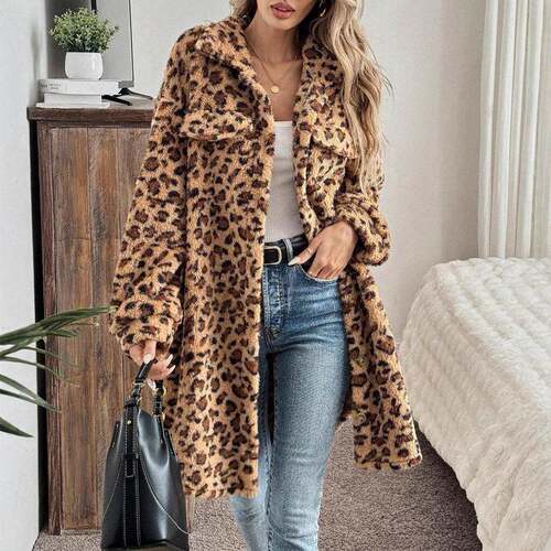 Women's Fashionable Winter Leopard Long Jacket Coat Casual
