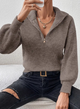 Women's Plain Half Zip Drop Shoulder Sweater  Casual Long