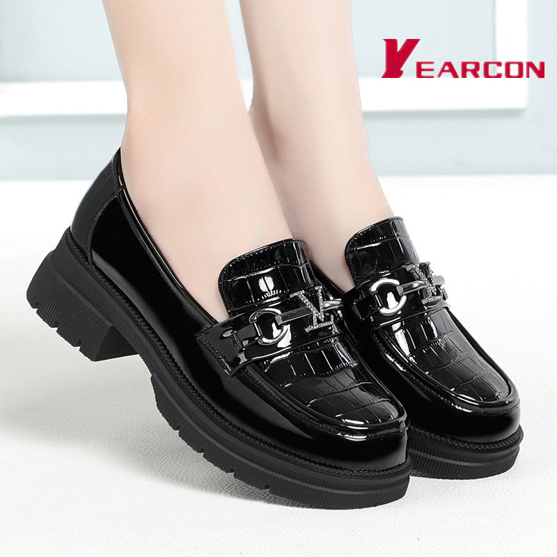 意尔康英伦风漆皮乐福鞋套脚厚底皮鞋圆头一脚蹬休闲单鞋粗跟女鞋