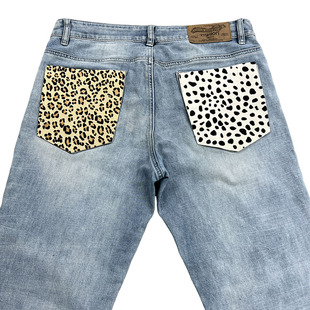 性感豹纹马毛真皮牛仔裤后裤兜真皮真毛现货diy配件辅料