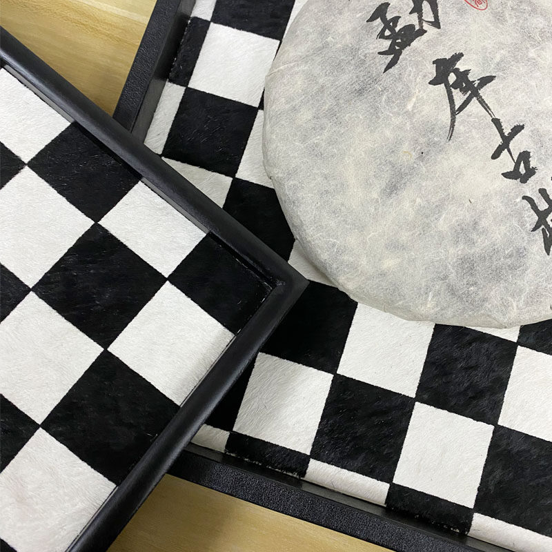 马毛棋盘格托盘黑白木盘马毛包皮革正方形家居摆件装饰中古风