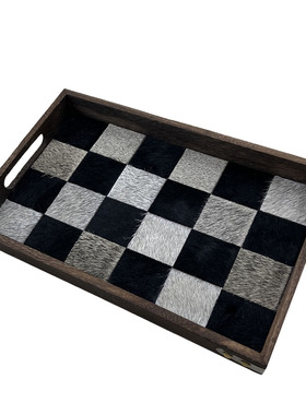 桐木托盘木制马毛棋盘格托盘原创设计托盘桌面玄关收纳装饰摆件