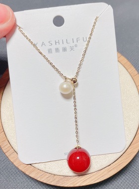 雅施丽芙银饰通体S925纯银红色玛瑙天然珍珠可抽拉款时尚锁骨项链