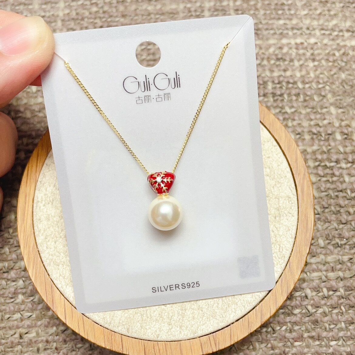 古丽古丽银饰S925银镀金红色滴油珍珠雪花时尚锁骨项链女潮图片