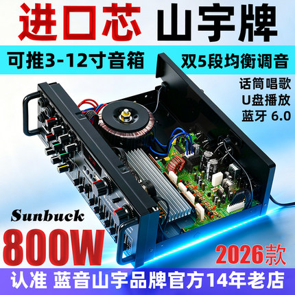大功率家用功放蓝牙6.0震撼效果K歌EQ均衡器调音12V广场车载户外