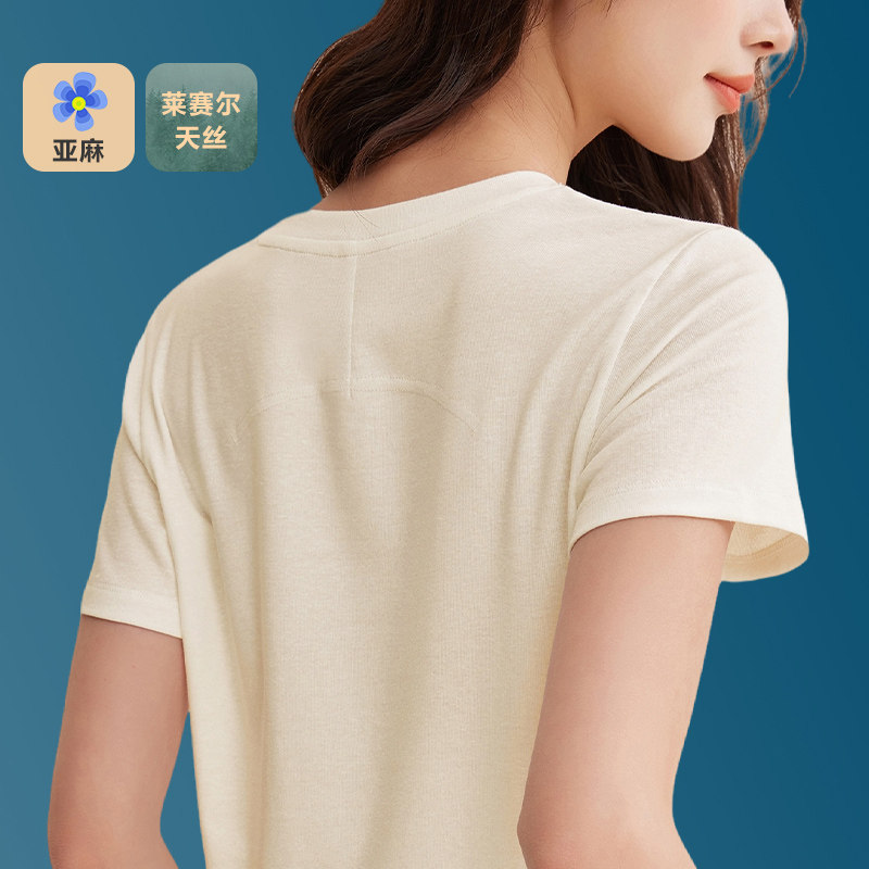 莱赛尔天丝亚麻T圆领短袖T恤女夏图片