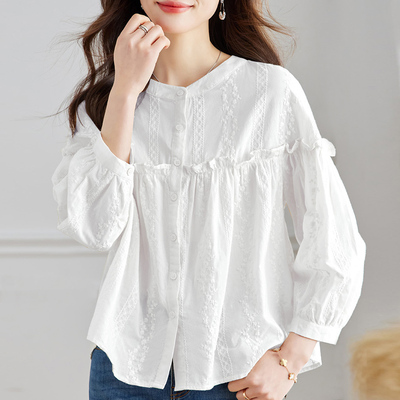 圆领提花纯棉别致长袖衬衫女