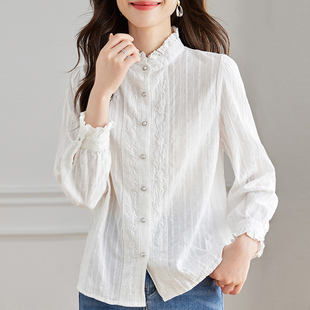 花边立领长袖衬衫女春季2025新款小众小个子白色褶皱洋气减龄衬衣