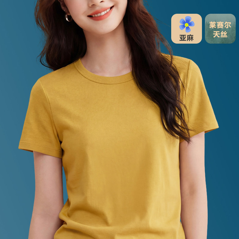 莱赛尔天丝亚麻圆领短袖T恤女图片