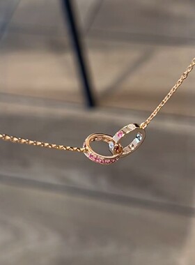 S925纯银多巴胺粉嫩彩锆双环项链锁骨链轻奢小众设计百搭时尚颈饰