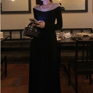 【星河】法式拼接连衣裙女秋冬长袖收腰气质优雅黑色长裙