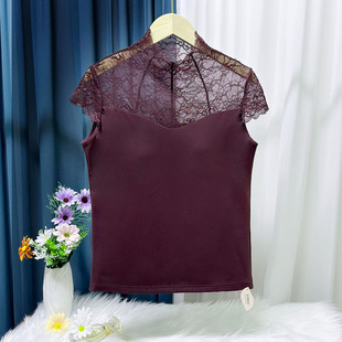 网纱拼接背心女加绒酒红色飞袖透明蕾丝固定杯花边短袖白色打底衫